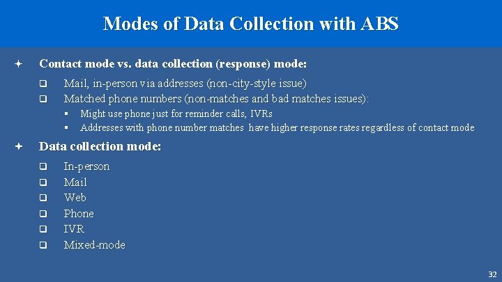 Modes of Data Collection with ABS ª Contact mode vs. data collection (response) mode: