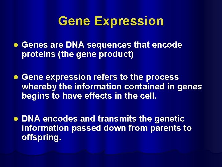 Gene Expression Gene l Genes are DNA sequences that encode proteins (the gene product)