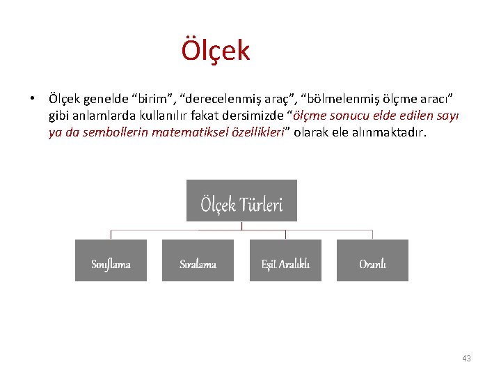 Ölçek • Ölçek genelde “birim”, “derecelenmiş araç”, “bölmelenmiş ölçme aracı” gibi anlamlarda kullanılır fakat