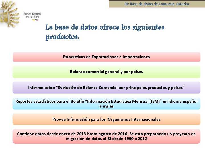 BI: Base de datos de Comercio Exterior La base de datos ofrece los siguientes