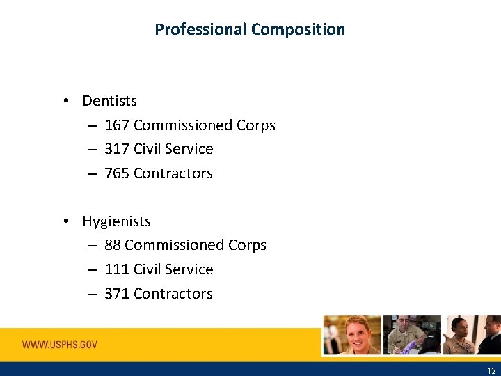 Professional Composition • Dentists – 167 Commissioned Corps – 317 Civil Service – 765