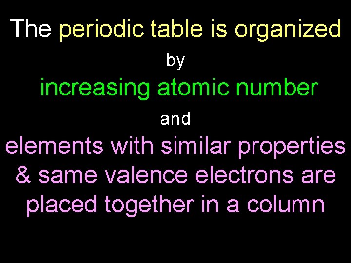 The periodic table is organized by increasing atomic number and elements with similar properties