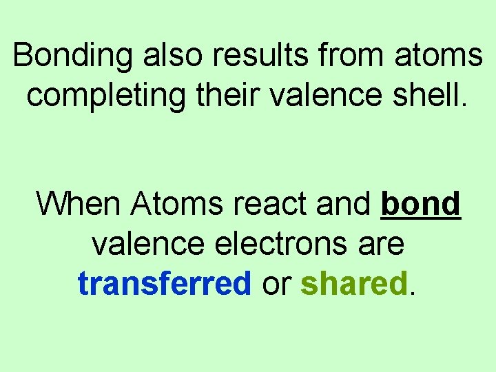 Bonding also results from atoms completing their valence shell. When Atoms react and bond