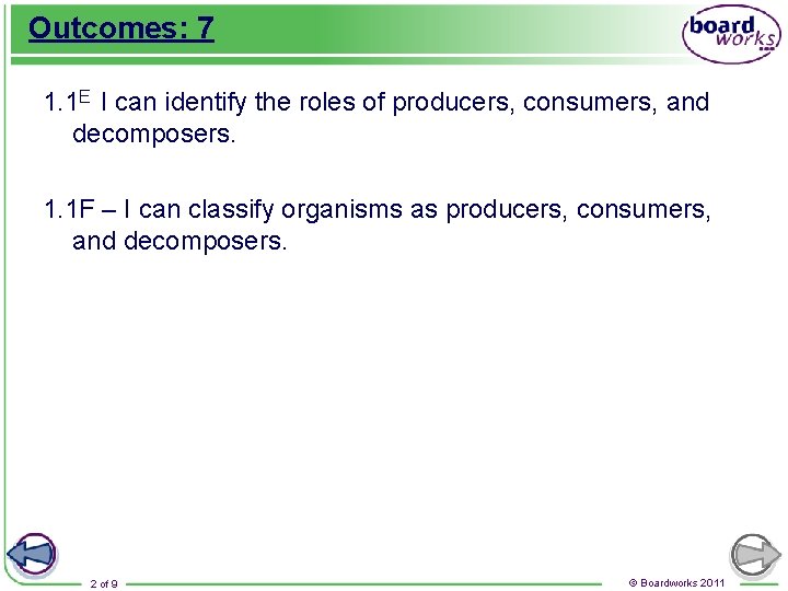 Outcomes: 7 1. 1 E I can identify the roles of producers, consumers, and
