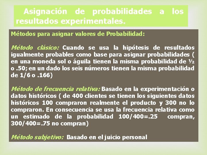 Asignación de probabilidades a los resultados experimentales. Métodos para asignar valores de Probabilidad: Método