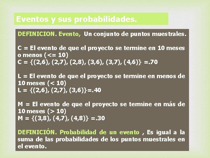 Eventos y sus probabilidades. DEFINICION. Evento, Un conjunto de puntos muestrales. C = El