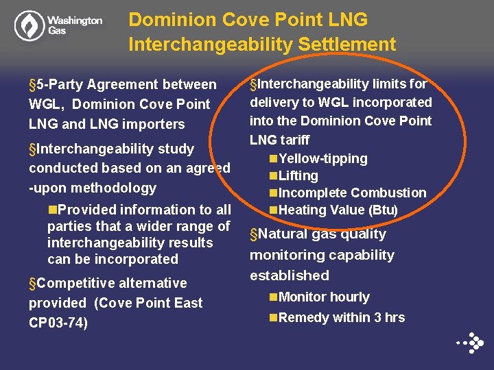 Dominion Cove Point LNG Interchangeability Settlement § 5 -Party Agreement between WGL, Dominion Cove