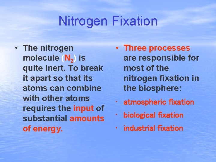 Nitrogen Fixation • The nitrogen molecule (N 2) is quite inert. To break it