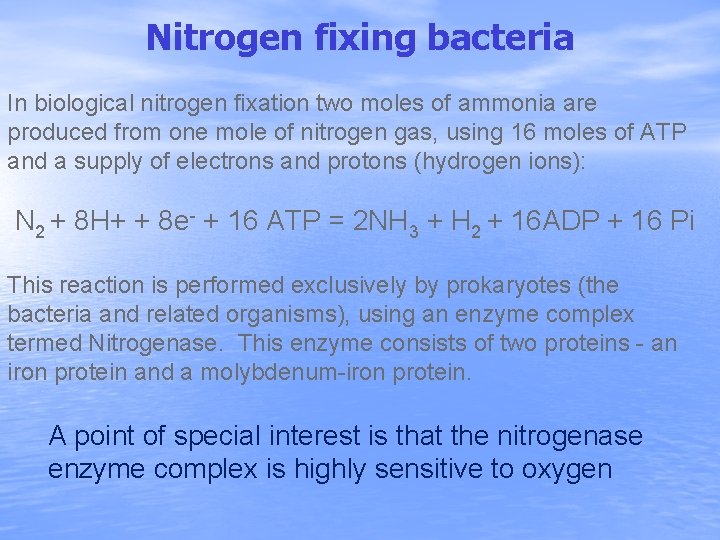 Nitrogen fixing bacteria In biological nitrogen fixation two moles of ammonia are produced from