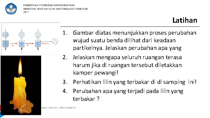 Latihan 1. Gambar diatas menunjukkan proses perubahan wujud suatu benda dilihat dari keadaan partikelnya.