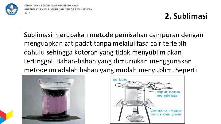 2. Sublimasi merupakan metode pemisahan campuran dengan menguapkan zat padat tanpa melalui fasa cair