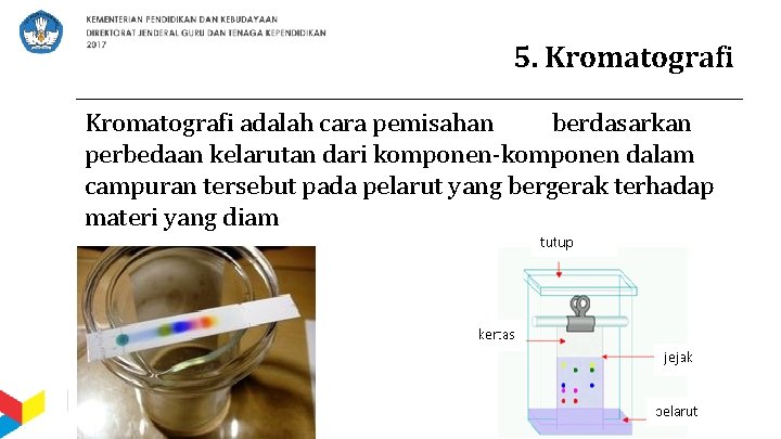 5. Kromatografi adalah cara pemisahan berdasarkan perbedaan kelarutan dari komponen-komponen dalam campuran tersebut pada