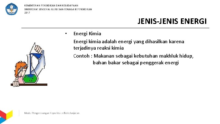 JENIS-JENIS ENERGI • Energi Kimia Energi kimia adalah energi yang dihasilkan karena terjadinya reaksi