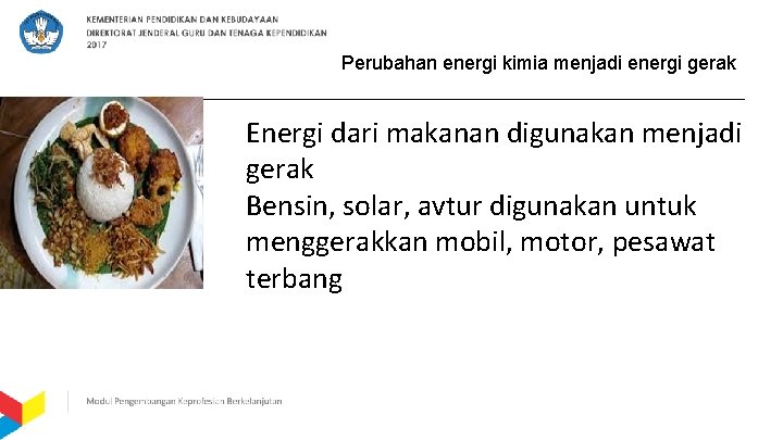 Perubahan energi kimia menjadi energi gerak Energi dari makanan digunakan menjadi gerak Bensin, solar,