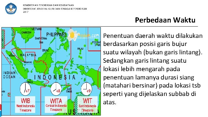 Perbedaan Waktu Penentuan daerah waktu dilakukan berdasarkan posisi garis bujur suatu wilayah (bukan garis