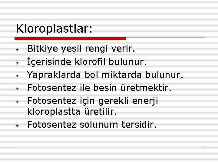 Kloroplastlar: • • • Bitkiye yeşil rengi verir. İçerisinde klorofil bulunur. Yapraklarda bol miktarda