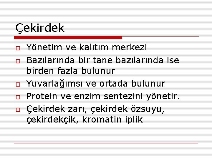 Çekirdek o o o Yönetim ve kalıtım merkezi Bazılarında bir tane bazılarında ise birden