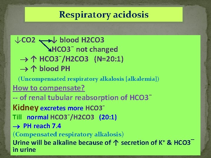 Respiratory acidosis ↓CO 2 ↓ blood H 2 CO 3 HCO 3¯ not changed