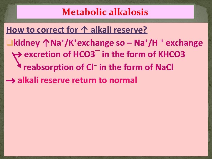 Metabolic alkalosis How to correct for ↑ alkali reserve? qkidney ↑Na⁺/K⁺exchange so – Na⁺/H