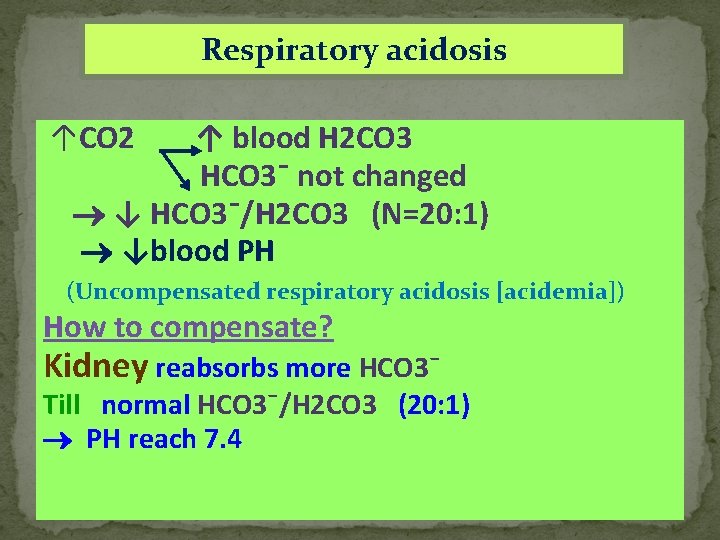 Respiratory acidosis ↑CO 2 ↑ blood H 2 CO 3 HCO 3¯ not changed