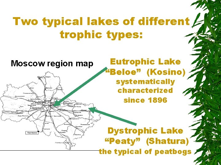 Two typical lakes of different trophic types: Moscow region map Eutrophic Lake “Beloe” (Kosino)