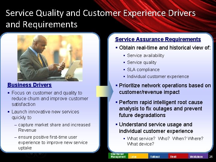 Service Quality and Customer Experience Drivers and Requirements Service Assurance Requirements § Obtain real-time