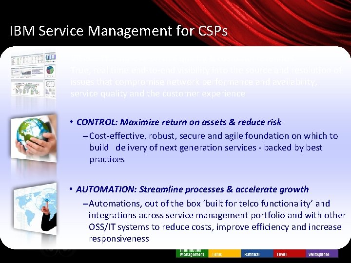 IBM Service Management for CSPs VISIBILITY: Improve service quality & customer retention True, real