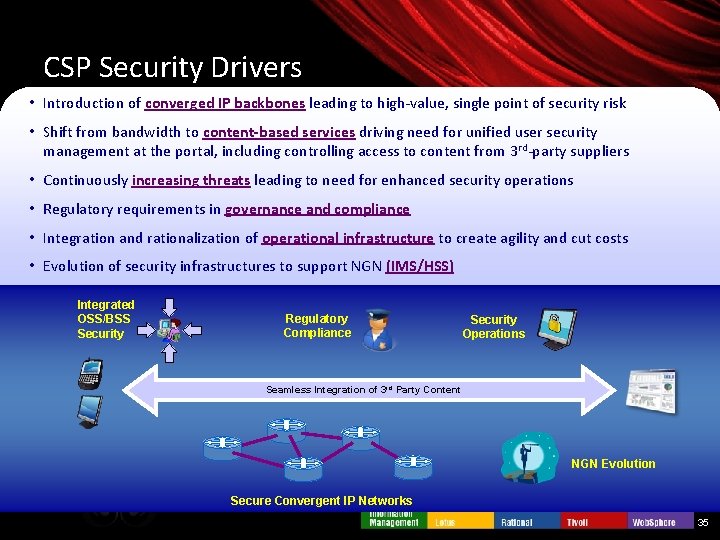 CSP Security Drivers • Introduction of converged IP backbones leading to high-value, single point