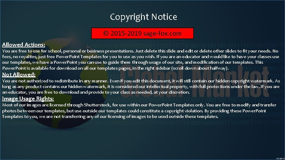 Copyright Notice © 2015 -2019 sage-fox. com Allowed Actions: You are free to use