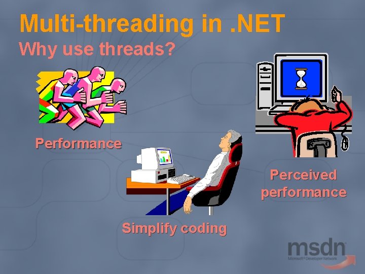 Multi-threading in. NET Why use threads? Performance Perceived performance Simplify coding 