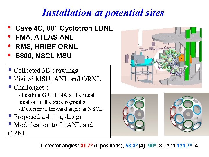 Installation at potential sites • • Cave 4 C, 88” Cyclotron LBNL FMA, ATLAS