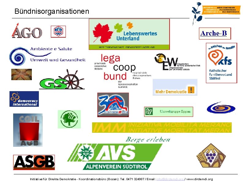 Bündnisorganisationen Initiative für Direkte Demokratie - Koordinationsbüro (Bozen): Tel. 0471 324987 / Email: info@dirdemdi.