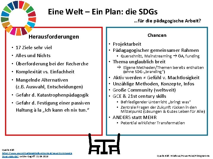 Eine Welt – Ein Plan: die SDGs …für die pädagogische Arbeit? Chancen Herausforderungen •