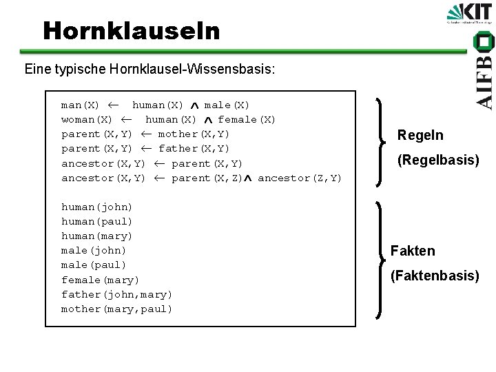 Hornklauseln Eine typische Hornklausel-Wissensbasis: man(X) ¬ human(X) male(X) woman(X) ¬ human(X) female(X) parent(X, Y)