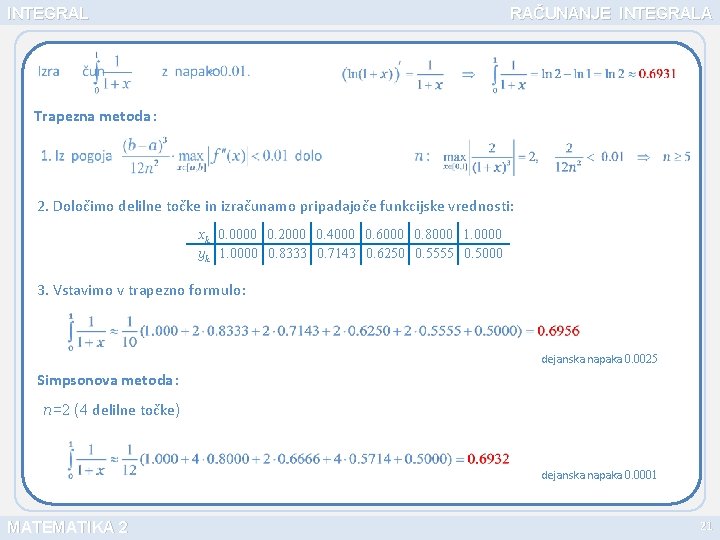 INTEGRAL RAČUNANJE INTEGRALA Trapezna metoda : 2. Določimo delilne točke in izračunamo pripadajoče funkcijske
