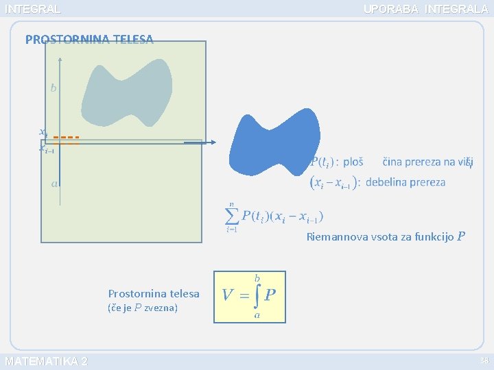 INTEGRAL UPORABA INTEGRALA PROSTORNINA TELESA Riemannova vsota za funkcijo P Prostornina telesa (če je