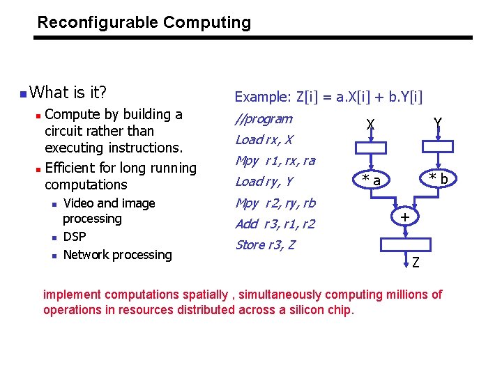 Reconfigurable Computing n What is it? Compute by building a circuit rather than executing