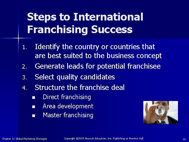 Steps to International Franchising Success 1. 2. 3. 4. Identify the country or countries