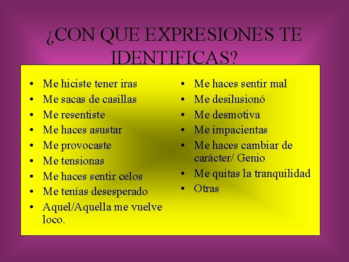 ¿CON QUE EXPRESIONES TE IDENTIFICAS? • • • Me hiciste tener iras Me sacas