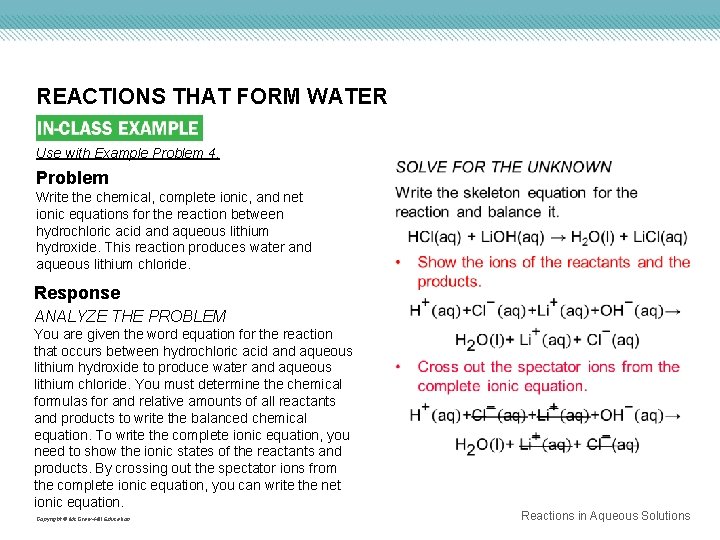 REACTIONS THAT FORM WATER Use with Example Problem 4. Problem Write the chemical, complete