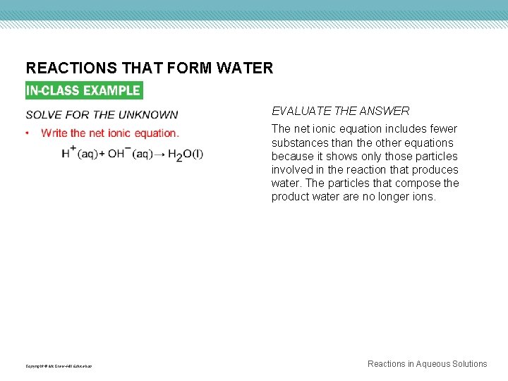 REACTIONS THAT FORM WATER Copyright © Mc. Graw-Hill Education EVALUATE THE ANSWER The net