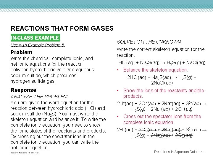 REACTIONS THAT FORM GASES Use with Example Problem 5. Problem Write the chemical, complete