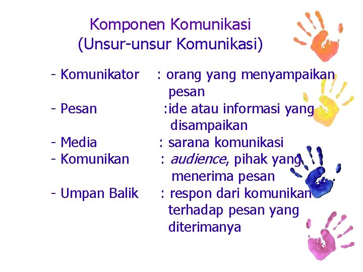 Komponen Komunikasi (Unsur-unsur Komunikasi) - Komunikator : orang yang menyampaikan pesan - Pesan :