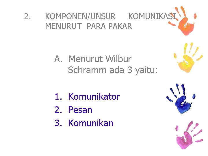 2. KOMPONEN/UNSUR KOMUNIKASI MENURUT PARA PAKAR A. Menurut Wilbur Schramm ada 3 yaitu: 1.