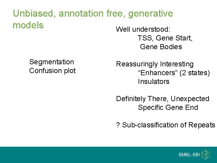 Unbiased, annotation free, generative models Well understood: TSS, Gene Start, Gene Bodies Segmentation Confusion