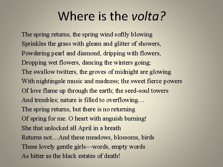 Where is the volta? The spring returns, the spring wind softly blowing Sprinkles the