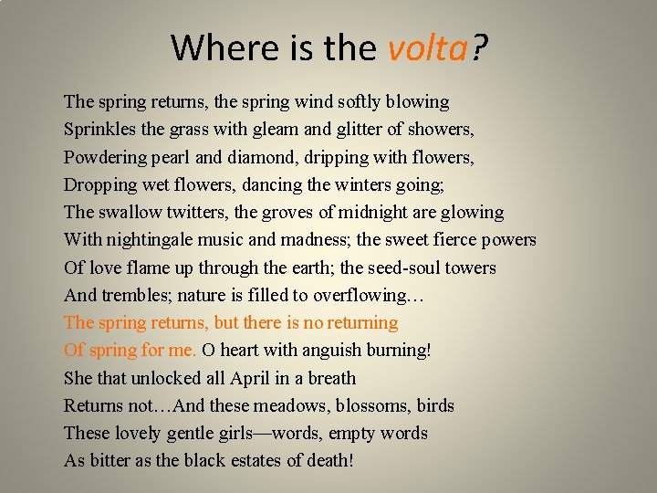 Where is the volta? The spring returns, the spring wind softly blowing Sprinkles the