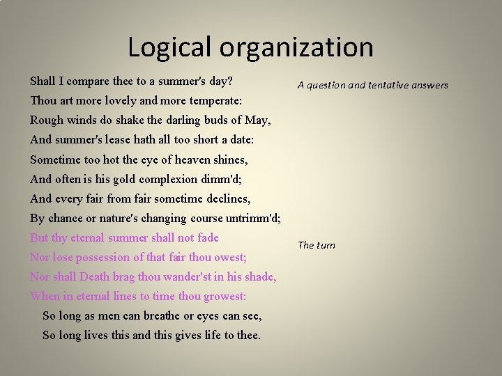Logical organization Shall I compare thee to a summer's day? A question and tentative