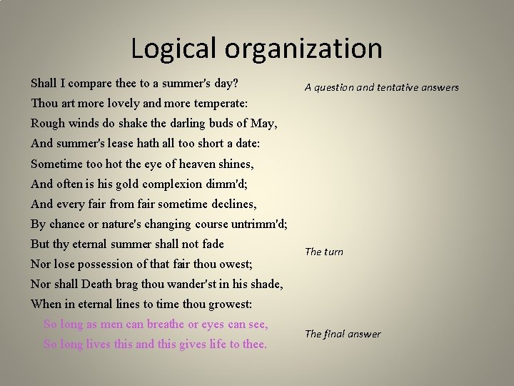 Logical organization Shall I compare thee to a summer's day? A question and tentative