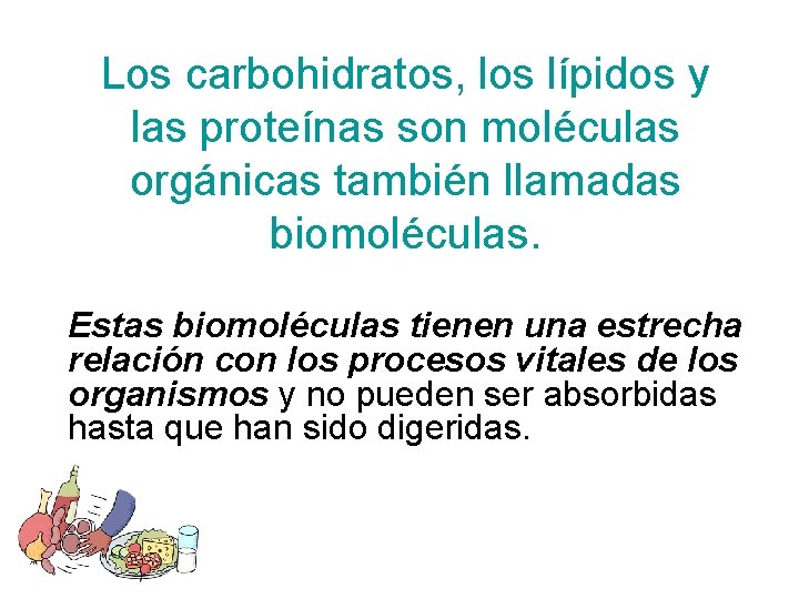 Los carbohidratos, los lípidos y las proteínas son moléculas orgánicas también llamadas biomoléculas. Estas